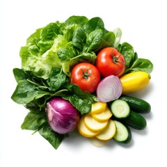 Fresh vegetables and greens assortment on white background