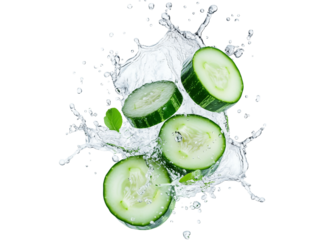 fresh cucumber slices splashing into water. emphasizing their crispness and hydration the vibrant green color and the dynamic water droplets create a refreshing visual.