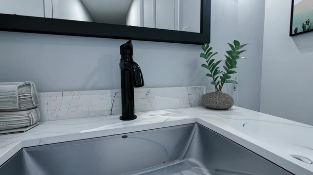 This setup showcases a stylish bathroom sink with a sleek faucet, surrounded by minimalist decor for a welcoming ambiance