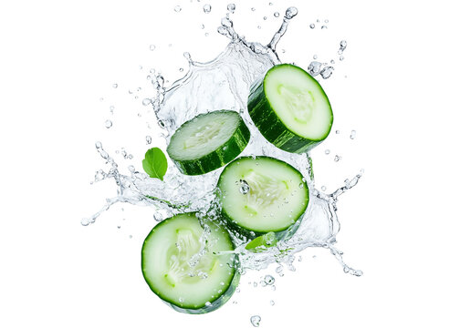 fresh cucumber slices splashing into water. emphasizing their crispness and hydration the vibrant green color and the dynamic water droplets create a refreshing visual.