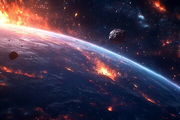 Planet under cosmic bombardment. Fiery destruction