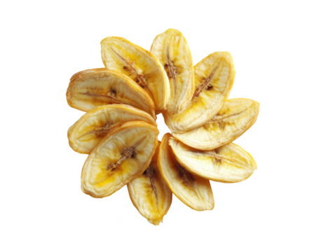 Delicious dried banana slices arranged in a circular pattern on eat food on transparent background