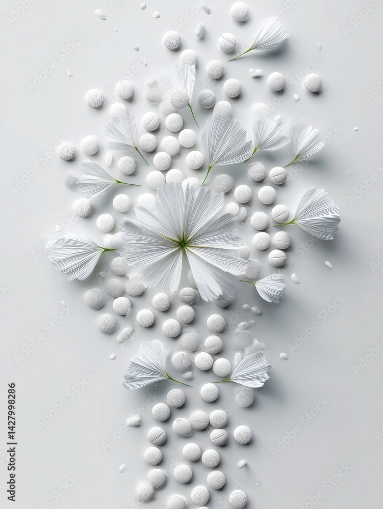 Poster blooming flower shape of clean white pills representing wellness and minimalism in a serene setting