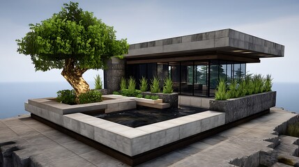 Obraz premium Modern minimalist house with a pond