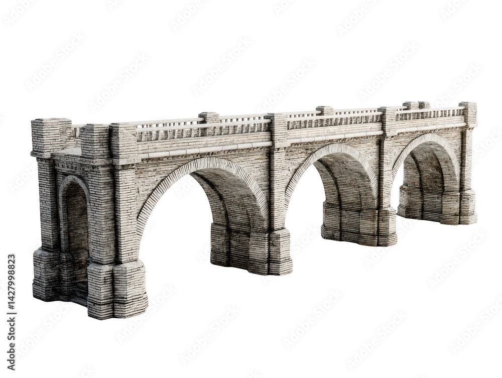 Poster stone arch bridge architectural 3d model design ancient structure old grey on transparent background