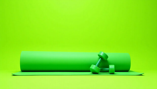 Yoga mat and dumble on green background