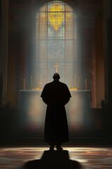 Hyper-realistic image of the Pope’s silhouette in shadow, standing before an altar inside a basilica, face obscured or not visible, stained glass light casting over, dramatic and spiritual mood

