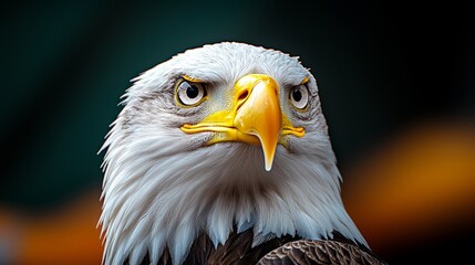 Naklejka premium Large eagle with yellow beak and eyes staring at the camera. The eagle is looking at the camera with a fierce expression
