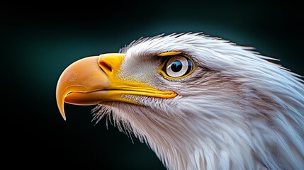 Obraz premium Close up of an eagle's head with a yellow beak and yellow eyes. Concept of strength and power, as the eagle's gaze is intense and focused