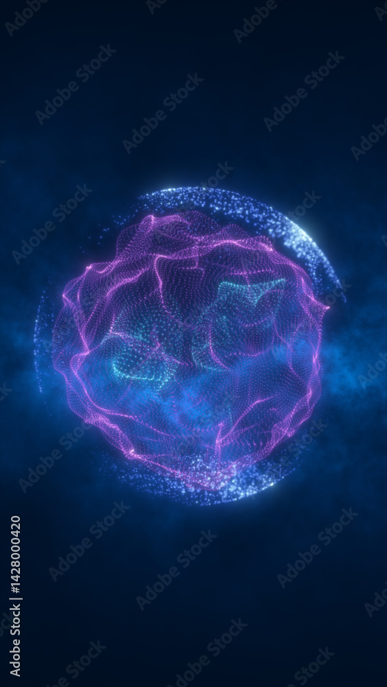 Poster glowing purple-blue particle sphere in space, surrounded by floating digital dots and light textures