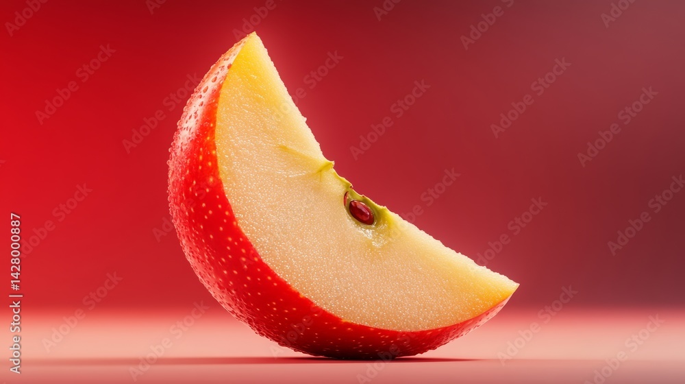 Poster close up of a red apple with a bite taken out of it. the apple is shown in a red background, which a