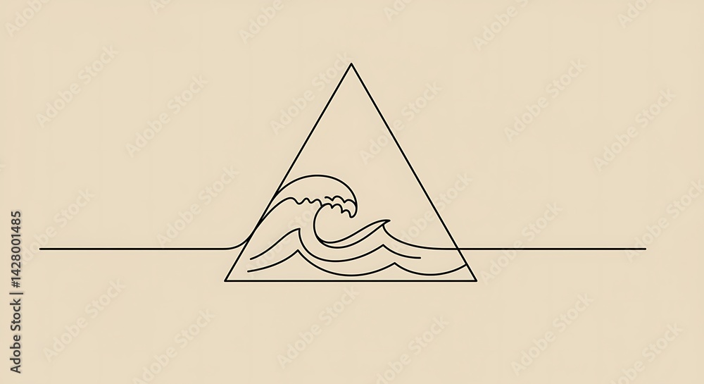 Poster wave crashing into a triangle, single-line contour, abstract ocean symbolism, scalable simplicity