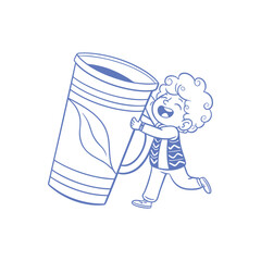 Cute Kid Hugging Giant Coffee Cup – Playful Cartoon Line Art Illustration