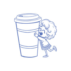 Cute Kid Hugging Giant Coffee Cup – Playful Cartoon Line Art Illustration