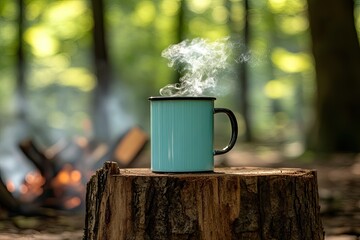 A steaming mug on a stump