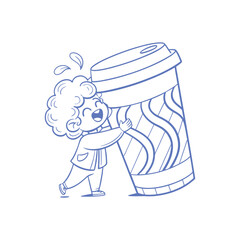 Cute Kid Hugging Giant Coffee Cup – Playful Cartoon Line Art Illustration