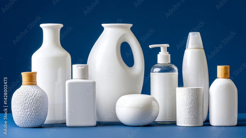Poster collection of white bottles and vases on a blue background. the bottles and vases are of various sha