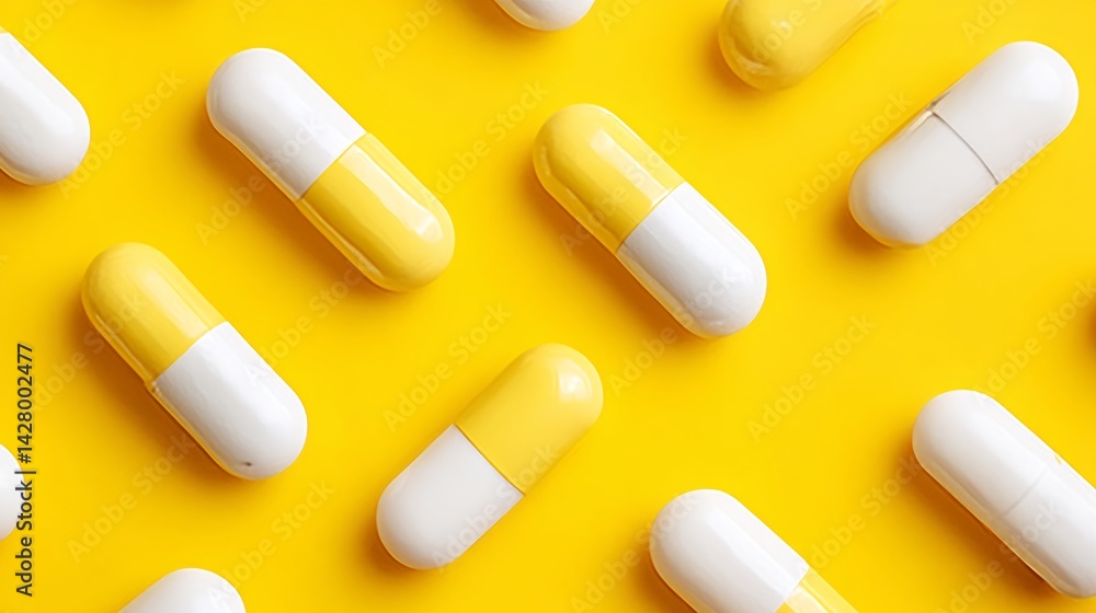 Poster row of yellow and white pills are arranged on a yellow background. the pills are all different sizes