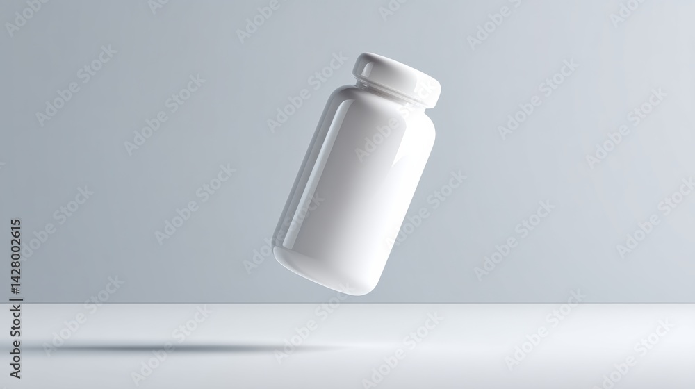 Poster white bottle with a clear lid is floating in midair. the bottle is empty and has a white label. conc