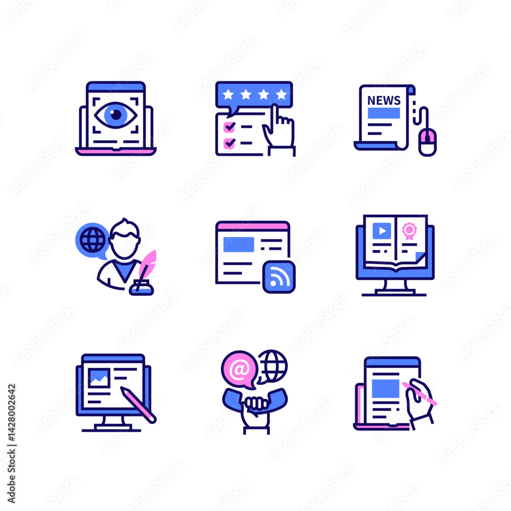 Poster blogging and media - line design style icons set