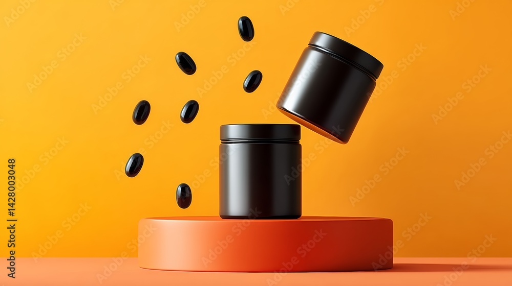 Poster two black containers with black beans inside of them are on a red base. the beans are scattered arou