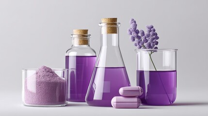 Collection of purple liquids and a purple flower in a glass. The purple liquids are in a series of glass containers, including a beaker and a glass vase