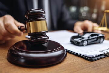 Closeup of Gavel and Model Car on Wooden Desk