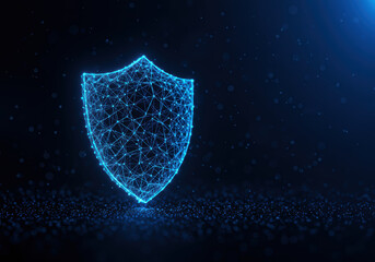 A brilliant blue shield with interconnected lines symbolizes digital protection and data security.