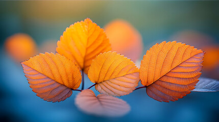 Fototapeta premium Close-up of vibrant orange autumn leaves with intricate vein patterns against a blurred blue background