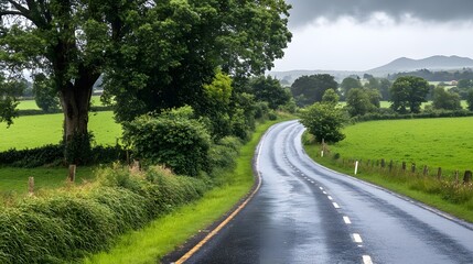 Fototapeta premium Curving Country Road Through Lush Green Fields After Rain