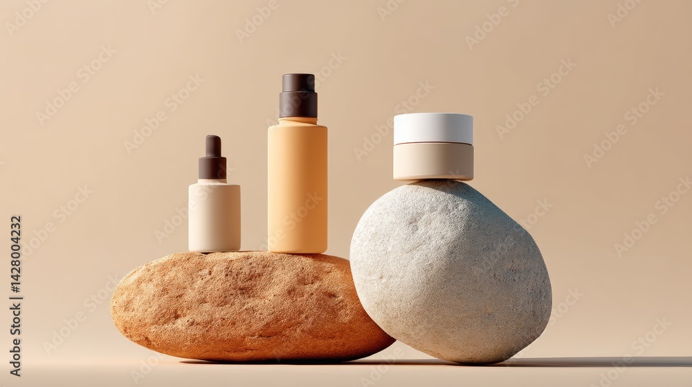 Poster three bottles of cosmetics are displayed on a rock. the bottles are of different sizes and colors, a
