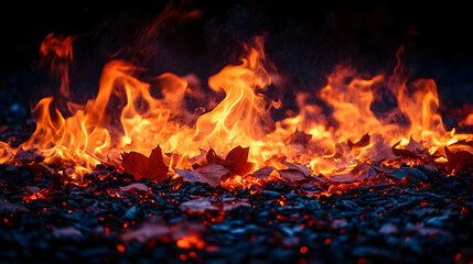 Flames engulfing leaves creating an inferno glow