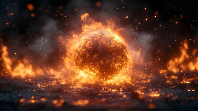 Fiery sphere amidst chaos sparks of burning light dance in the dark Intense heat radiates textures ripple