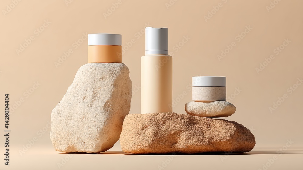 Aufkleber three bottles of makeup are displayed on a rock. the bottles are of different sizes and colors, and 