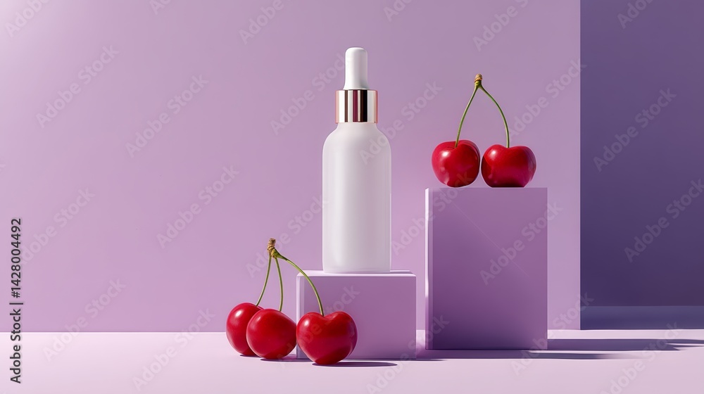 Poster bottle of cherry perfume is displayed on a purple background with a few cherries. the cherries are a