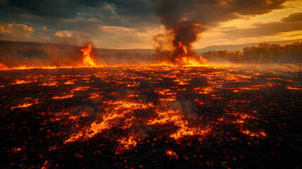 A field ablaze with fire with smoke rising into the sky and trees in the background under an orange sky