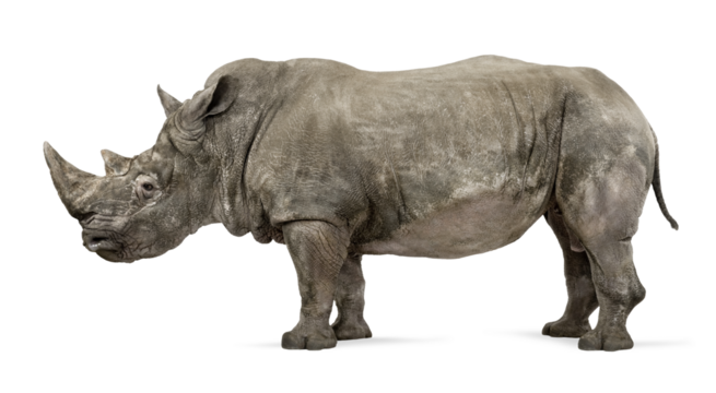 Powerful white rhinoceros standing, showcasing its thick skin and prominent horns, isolated on transparent background