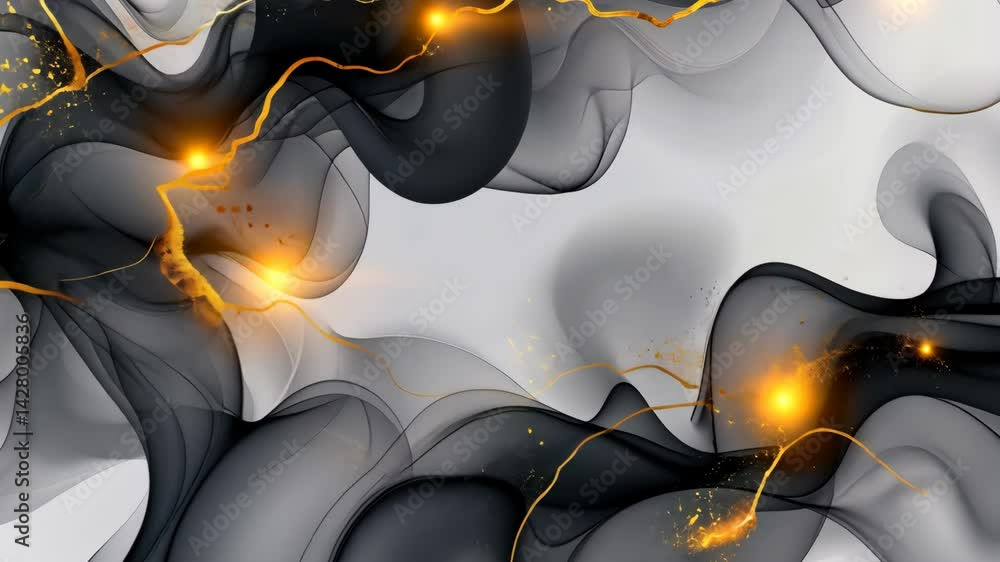 Poster this artwork features flowing black and gold patterns with bright sparks, creating a sophisticated a