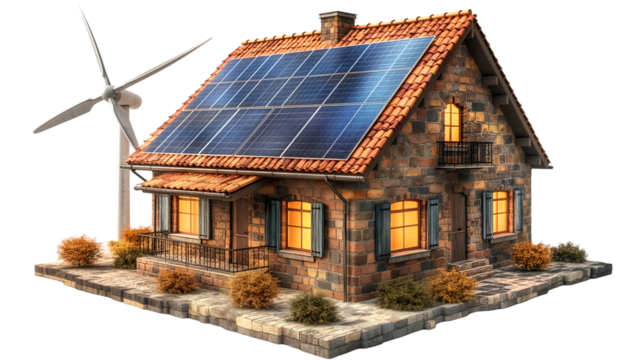 Sustainable Stone House 3D Illustration of Green Energy Home Design.