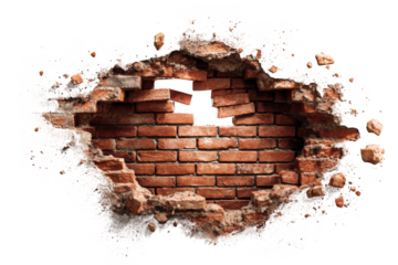 Broken brick wall hole red bricks destroyed texture background old art on transparent background