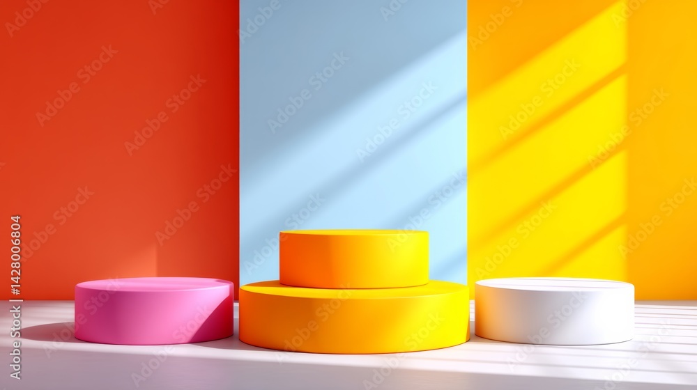 Poster three colorful pedestals, each with a different color and shape. the pedestals are placed in front o