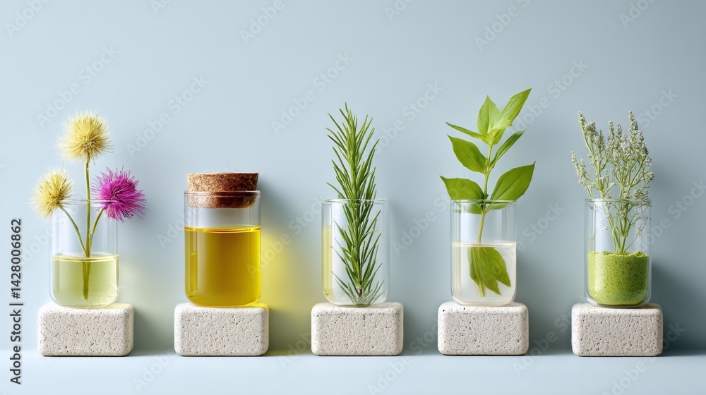 Poster row of vases with plants in them, including a bottle of oil. the vases are arranged in a row, with t