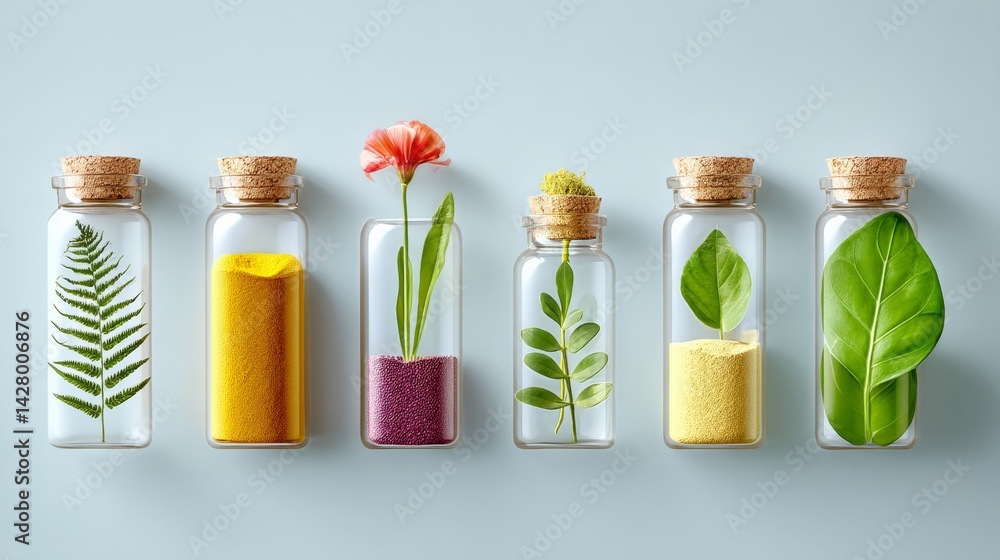 Poster row of glass vases with different colored sand and plants inside. the vases are arranged in a row, w