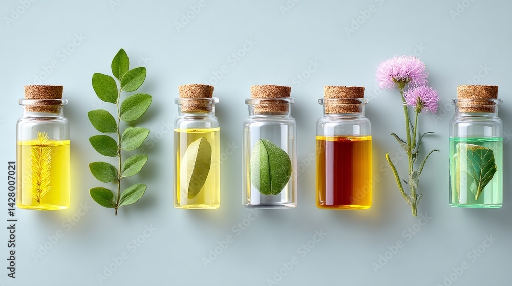 Poster row of glass bottles with different colored liquids and leaves in them. the bottles are arranged in 