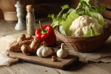 Fresh vegetables on rustic wooden surface