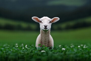Fototapeta premium Lamb hopping through field of clover, full of life
