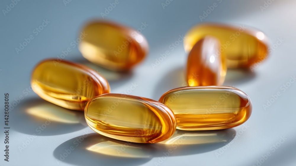 Poster group of yellow pills are sitting on a table. the pills are all the same size and shape, and they ar