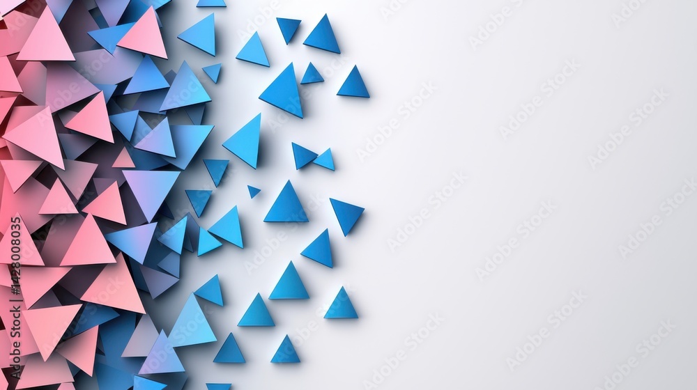 Poster abstract geometric composition featu pink and blue triangular shapes scattered on a white background