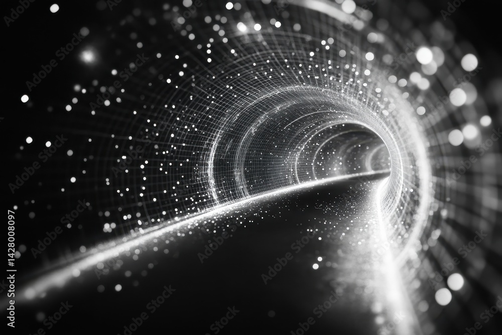 Poster light particles create a mesmerizing tunnel effect with swirling patterns in dark space