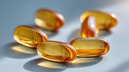 Group of yellow pills are sitting on a table. The pills are all the same size and shape, and they are arranged in a row. Concept of order and uniformity, as the pills are neatly lined up
